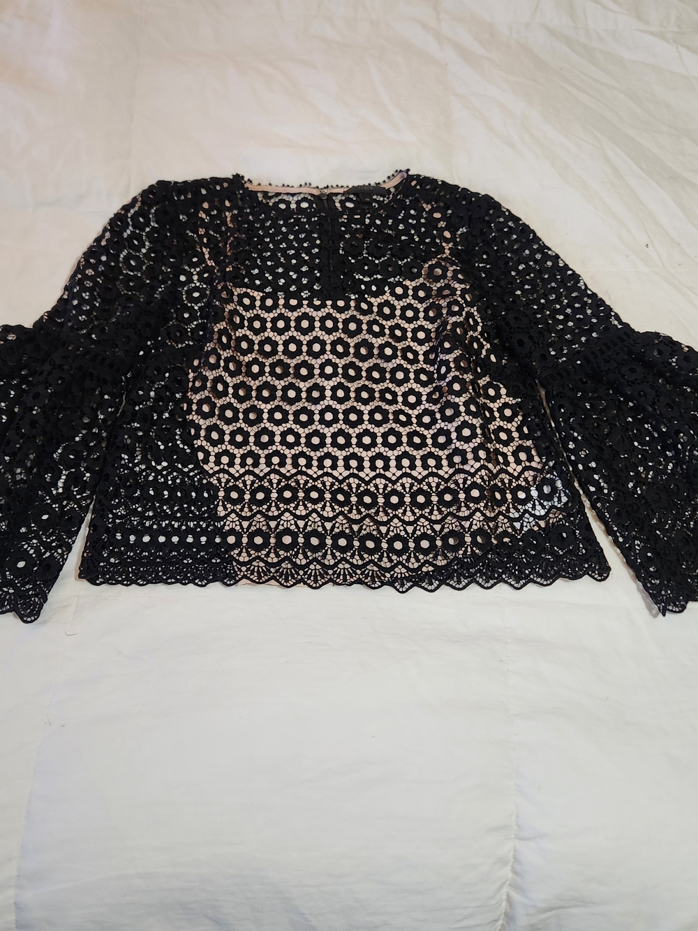 J. Crew Black Lace Overlay Blouse with Nude Lining